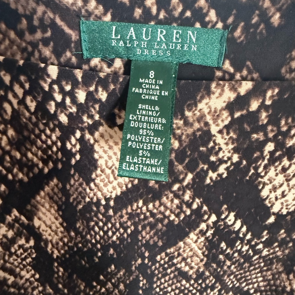 Ralph Lauren Brown and Black Snake Print Sheath Dress with side ruching. Size 8. - Picture 3 of 6